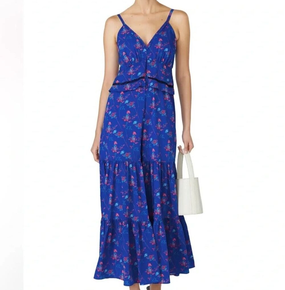 Thakoon Collective Blue Floral Wide Leg Jumpsuit Size 2 Spagetti Strap V-Neck